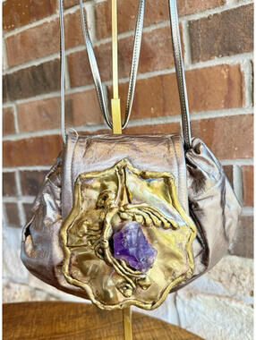 Vtg Carvalhu's Rio Copa Collection Brutalist Brass Amethyst Leather Bag Brazil